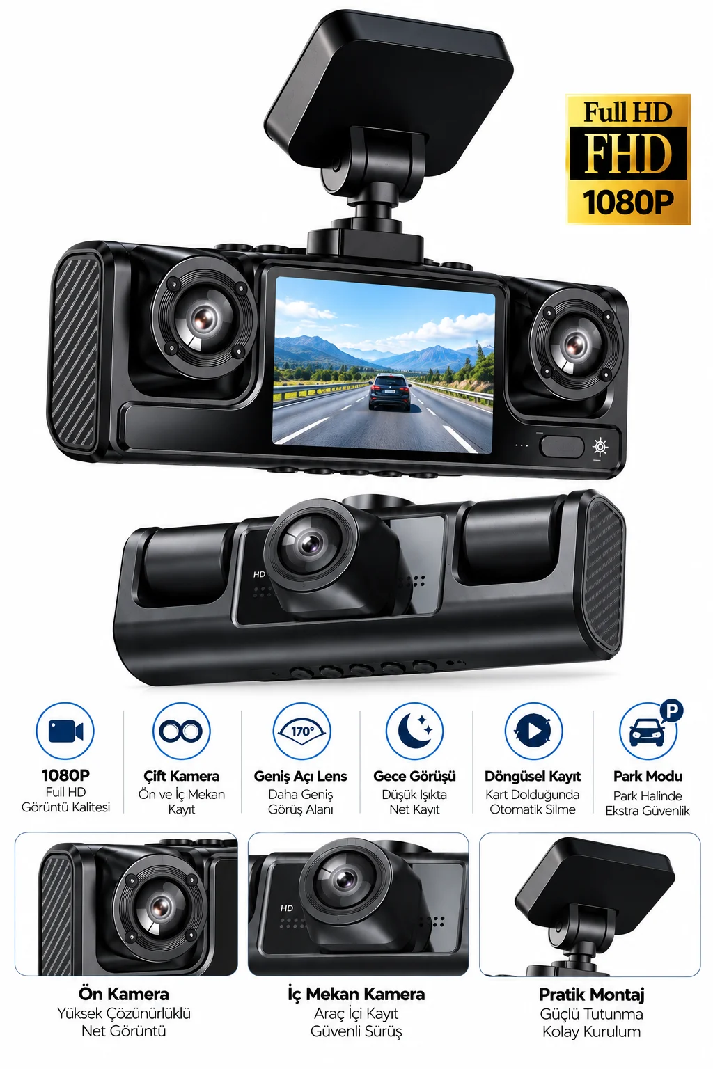 Çift Kameralı 1080P Full HD Araç Kayıt Kamerası