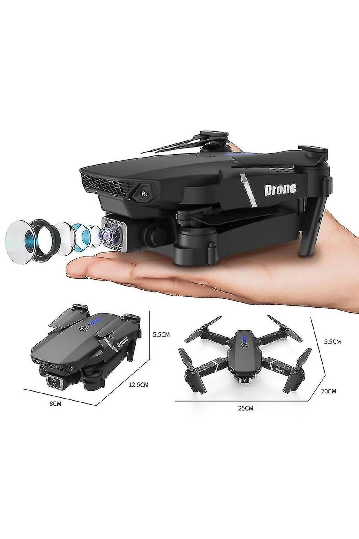 Çift Kameralı Katlanabilir Wi-Fi Drone, 720P HD Görüntü ve LED Işıklı Uzaktan Kumandalı Model