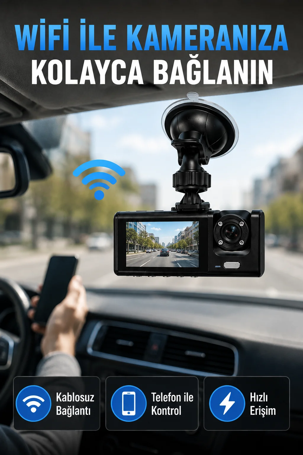 Çift Kameralı WiFi Araç Kamerası 170° Geniş Açı Full HD Araç İçi Kayıt Sistemi