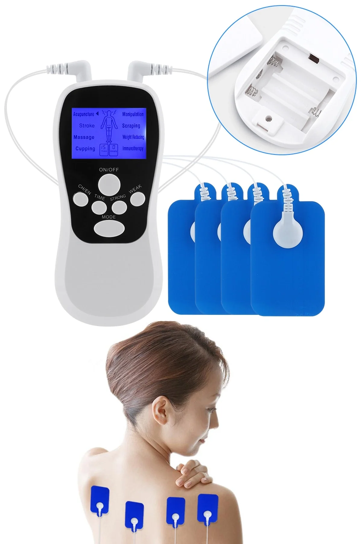 Çift kanallı 4 pedli taşınabilir tens cihazı mini tens masaj aleti elektrikli masaj