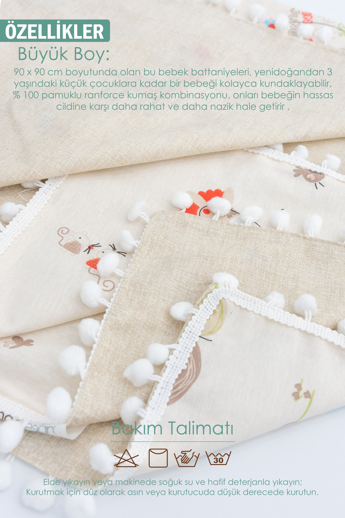 Mordesign Çift Kat Bebek Pikesi, Yenidoğan İçin Kundak Battaniye, Kenar Pon