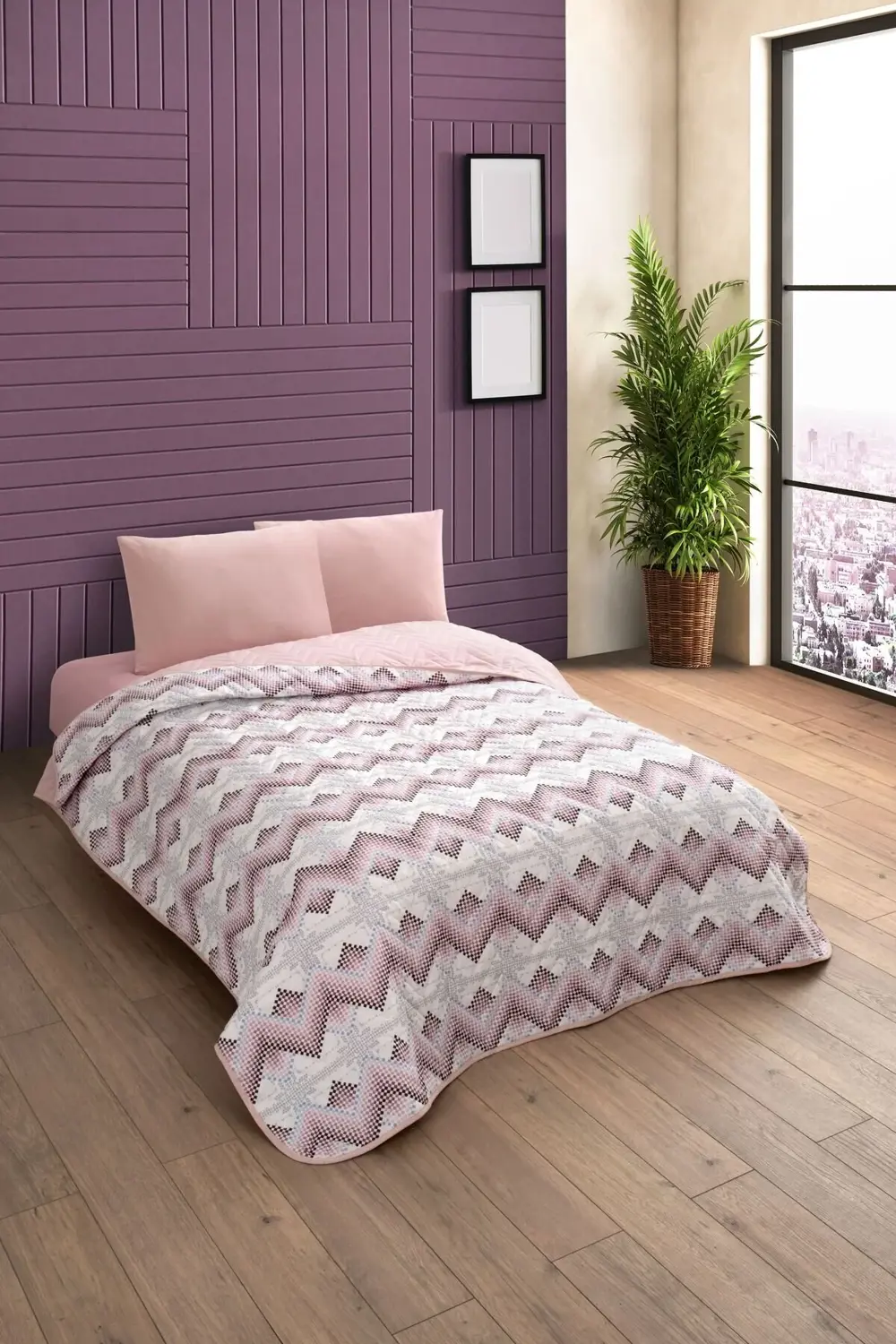 Çift Kişilik Desenli Kapitone Çift Taraflı Renkli Pike Yatak Örtü