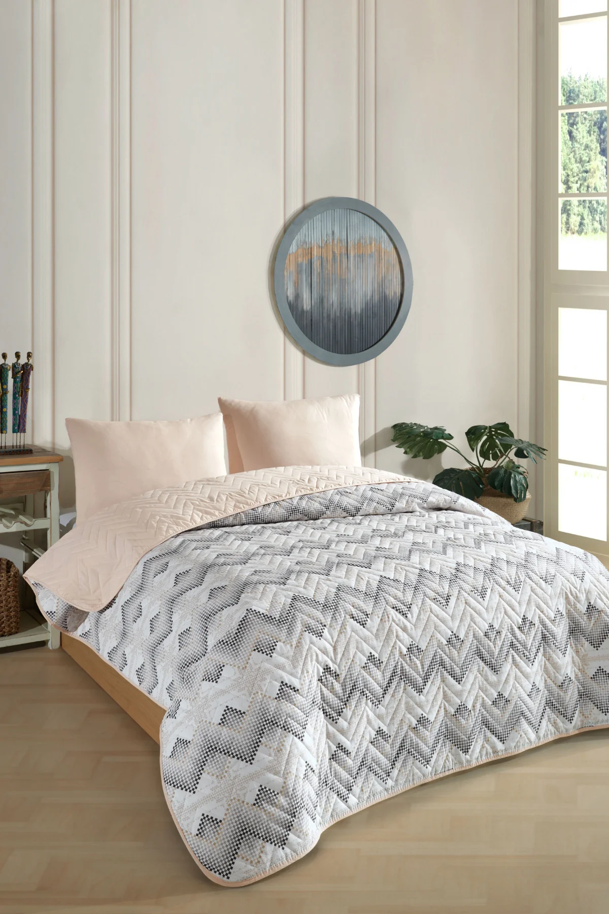 Çift Kişilik Desenli Kapitone Çift Taraflı Renkli Pike Yatak Örtüsü Takımı 200x230 cm (Çarşafsız)