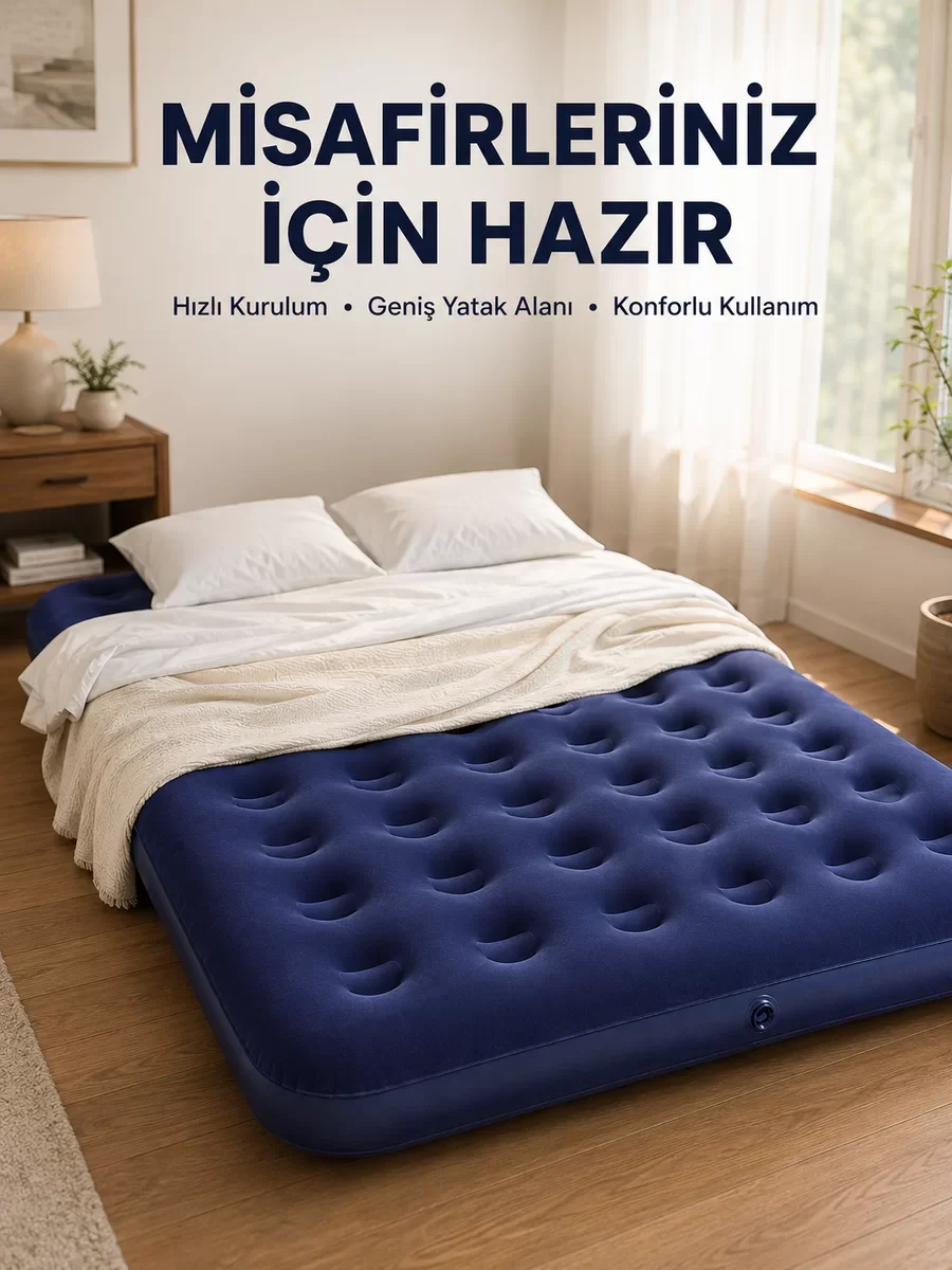 Çift Kişilik Hızlı Şişirme Vanalı Şişme Hava Yatağı – Kamp ve Misafir İçin Dayanıklı Çok Amaçlı Çözüm