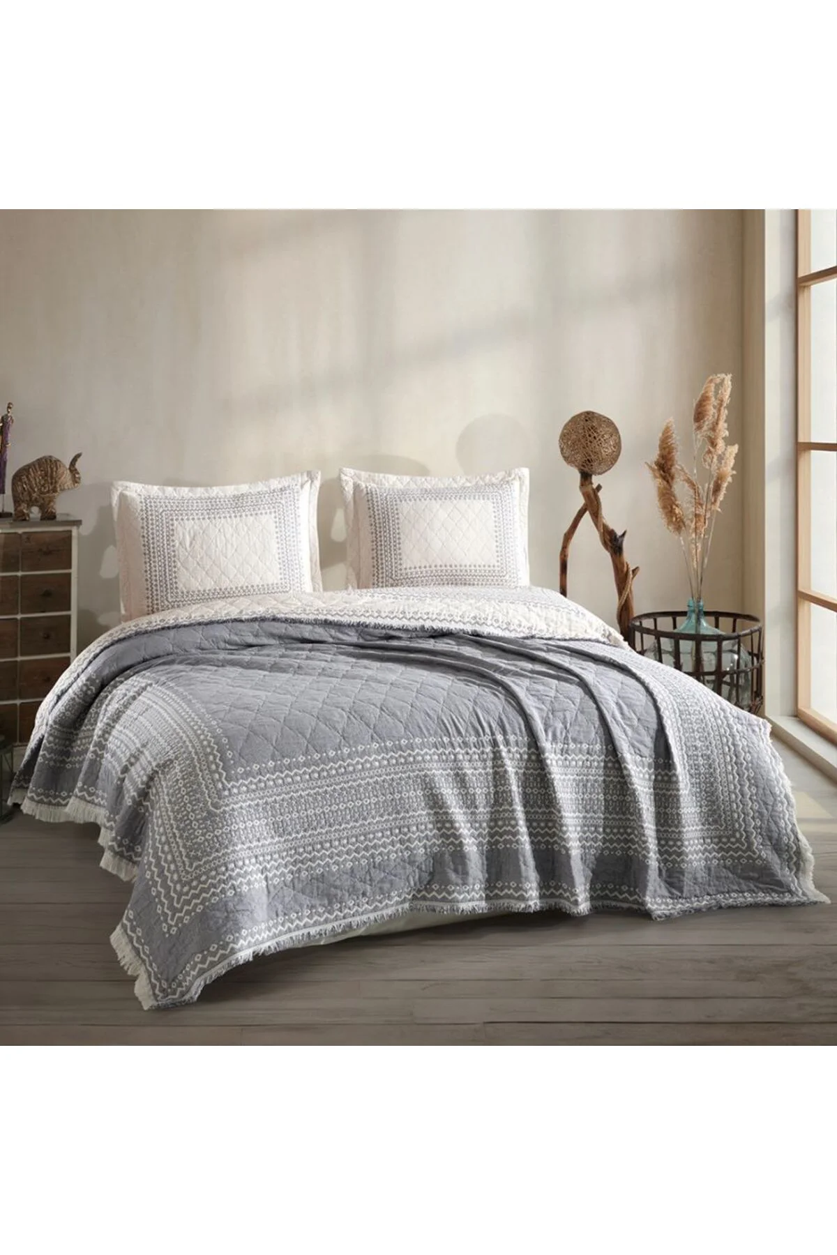 Çift Kişilik Müslin Yatak Örtüsü Nomada V1 Antrasit