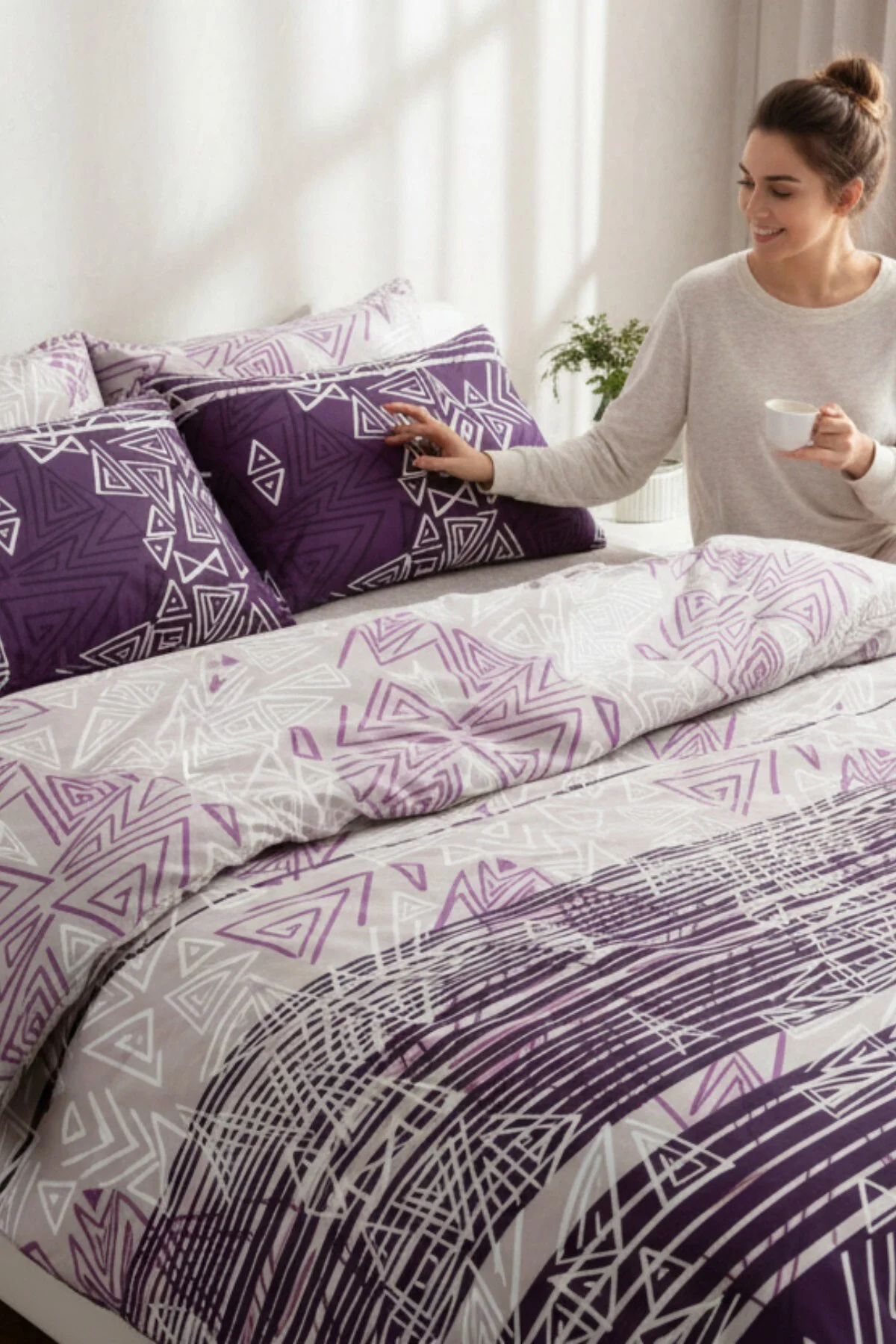 Çift Kişilik Nevresim Seti 200x220 cm | %100 Pamuk | Mürdüm Geome