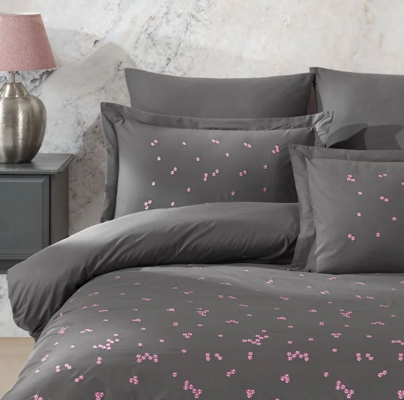 Çift Kişilik Poplin Premium Nakışlı Nev Spring Gri