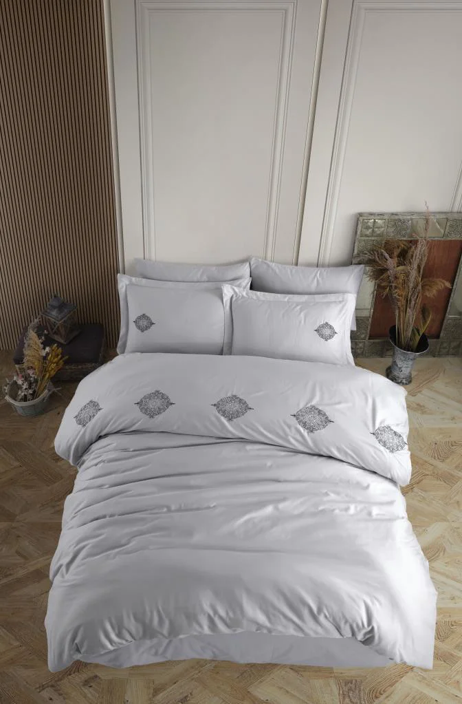 Çift Kişilik Poplin Premium Nakışlı Nev Azra Gri
