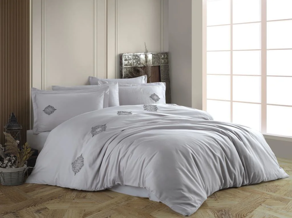 Çift Kişilik Poplin Premium Nakışlı Nev Azra Gri