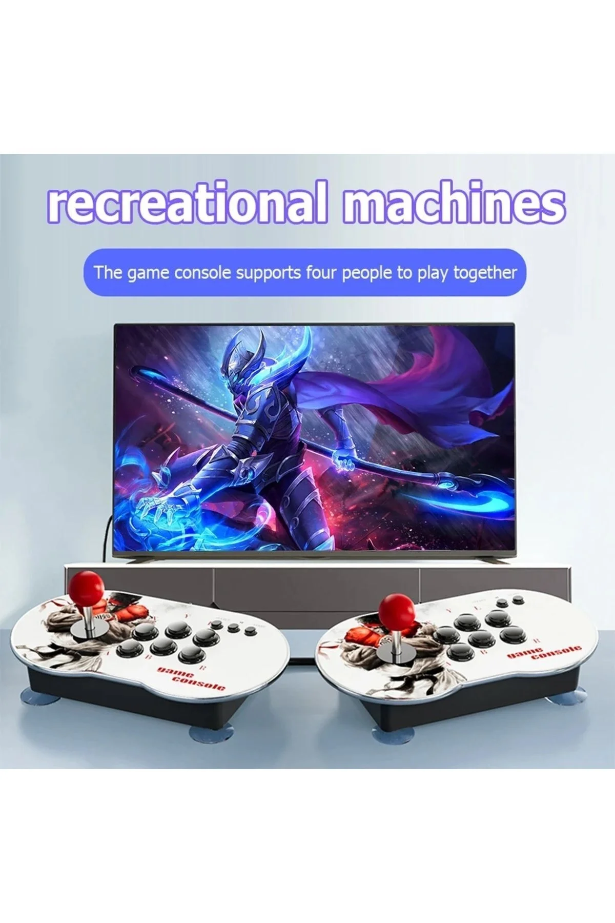 Çift kişilik retro joystickli beyaz oyun konsolu, 4K HD görüntü, oyun, bluetooth yok