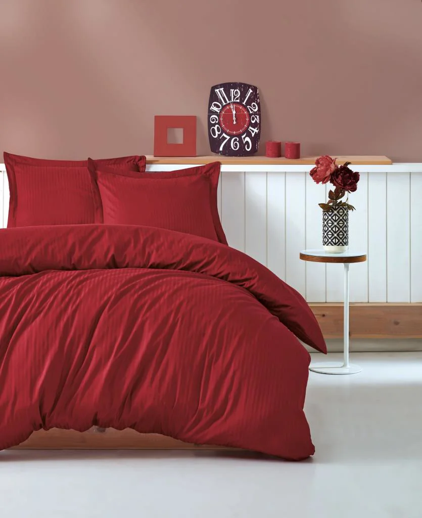 Çift Kişilik Saten Nev Takımı Elegante Stripe Bordo