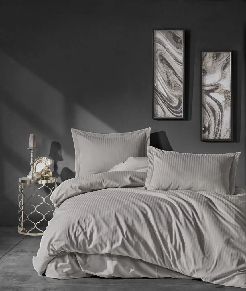 Çift Kişilik Saten Nev Takımı Elegante Stripe Bej
