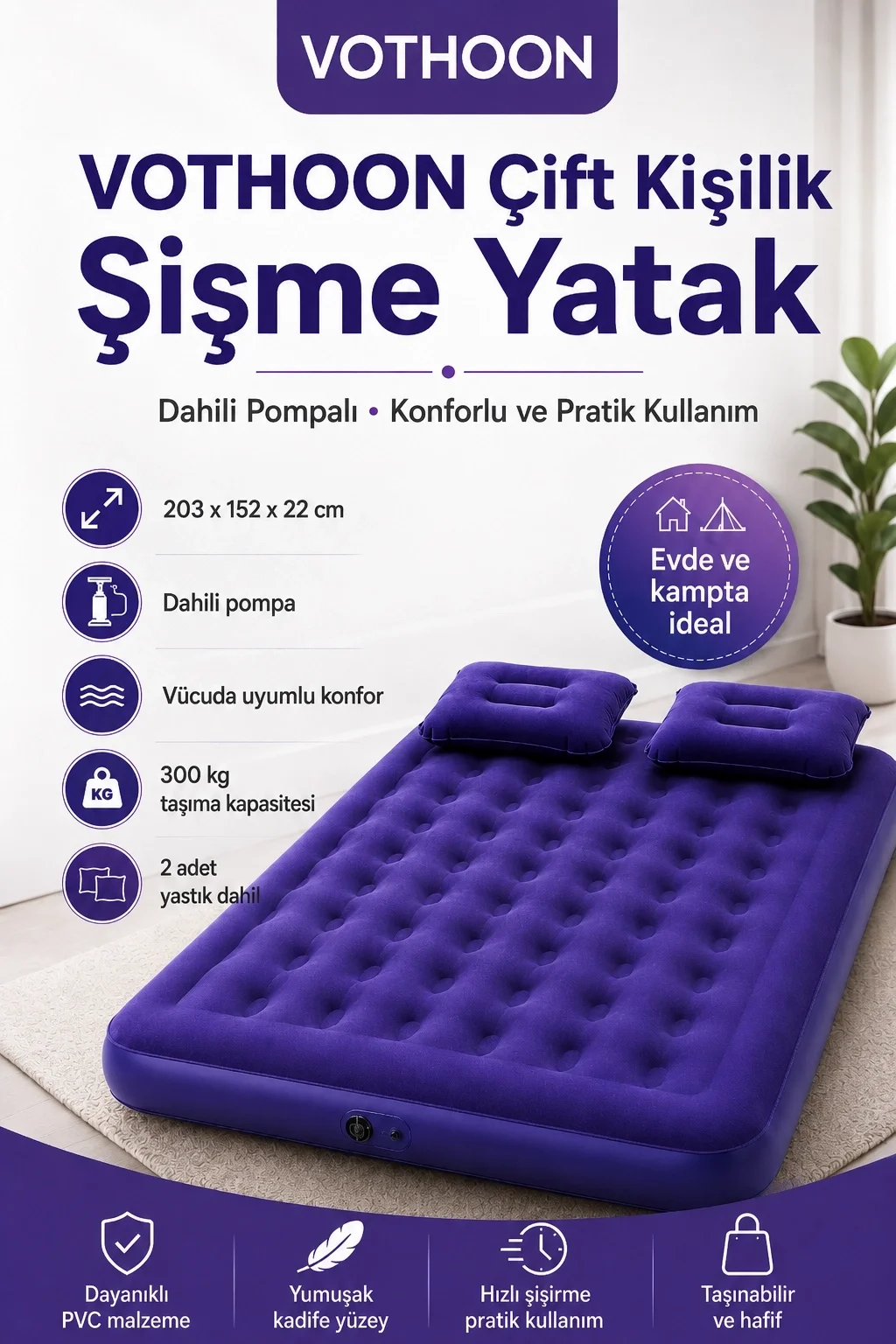 Çift Kişilik Şişme Yatak Dahili Pompalı 203x152x22 Cm 2 Yastıklı Fiyatı, Yorumları ve Özellikleri