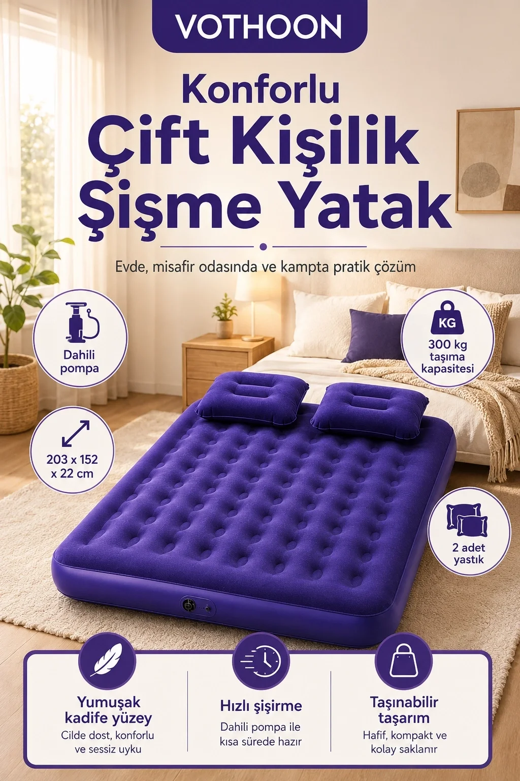 Çift Kişilik Şişme Yatak Dahili Pompalı 203x152x22 Cm 2 Yastıklı Fiyatı, Yorumları ve Özellikleri