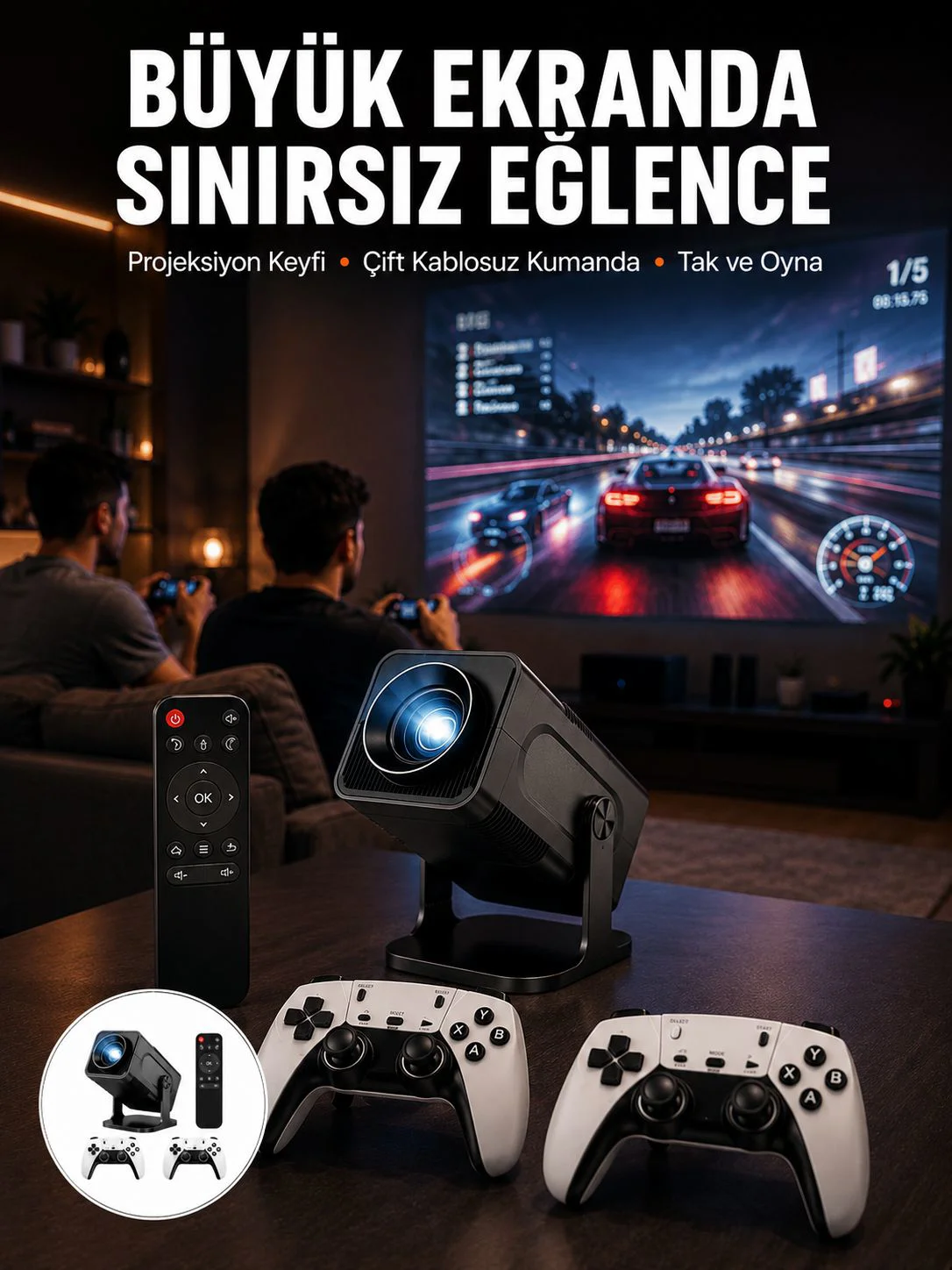 Çift Kollu Game Box Projeksiyon Cihazı Kumandalı Android Tv Dahili Hoparlör Yeni Nesil