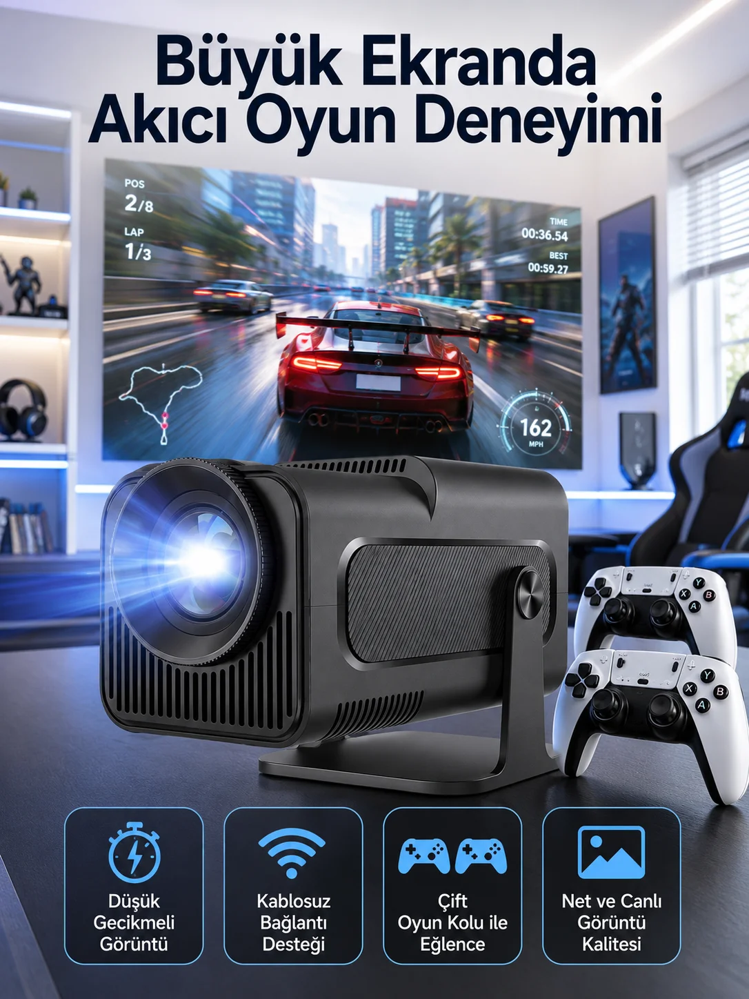 Çift Kollu Game Box Projeksiyon Cihazı Kumandalı Android Tv Dahili Hoparlör Çift Kollu Game Box Projeksiyon Cihazı Kumandalı Android Tv Dahili Hoparlör