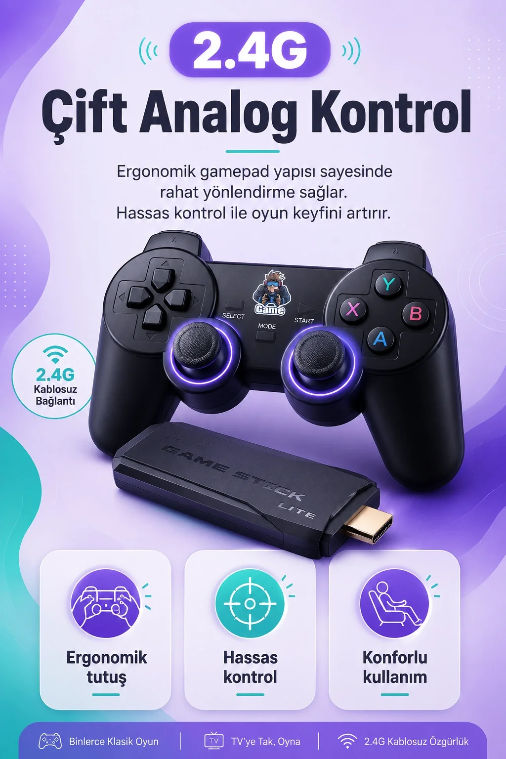 Çift Kollu Kablosuz Oyun Konsolu TV Bağlantılı Klasik Oyunlar İçin Pratik Set