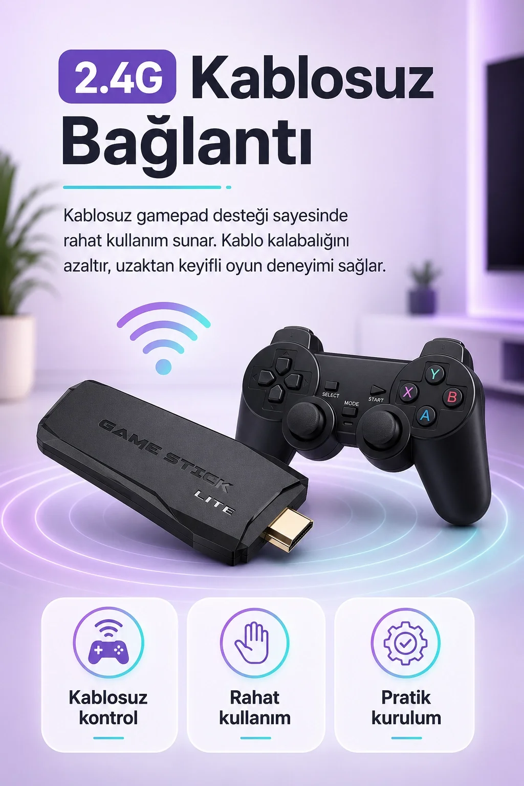 Çift Kollu Kablosuz Oyun Konsolu TV Bağlantılı Klasik Oyunlar İçin Pratik Set