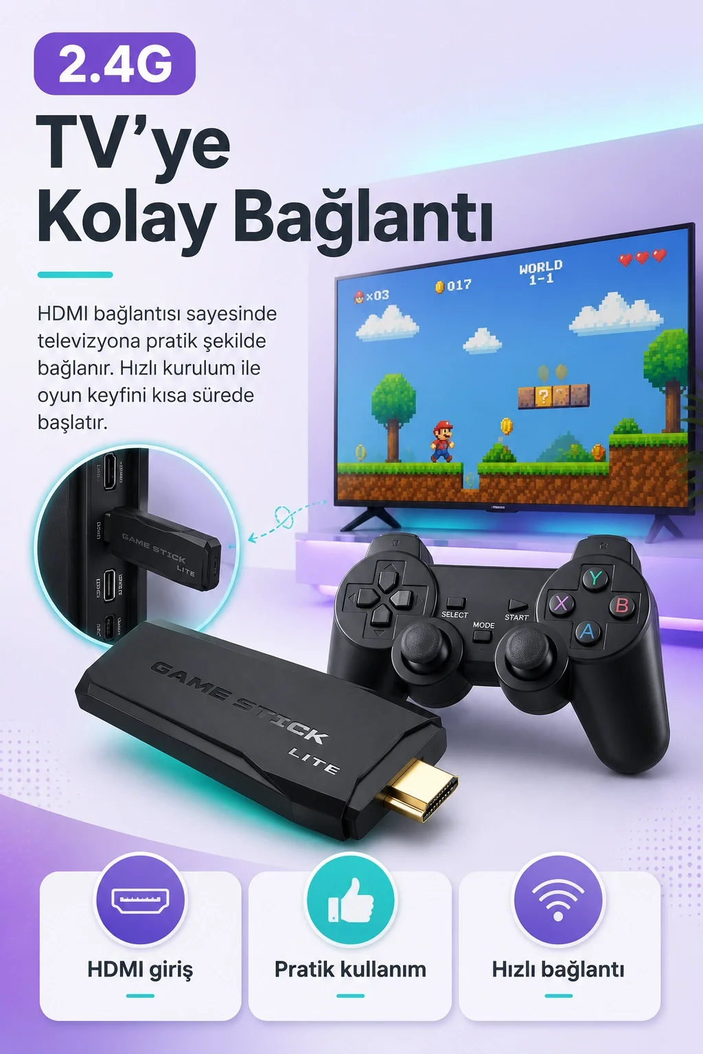 Çift Kollu Kablosuz Oyun Konsolu TV Bağlantılı Klasik Oyunlar İçin Pratik Set