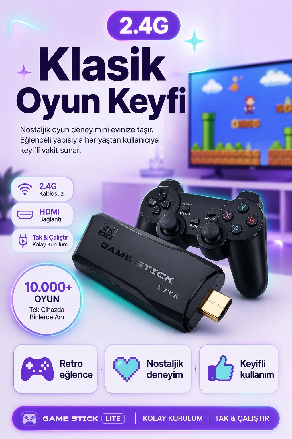 Çift Kollu Kablosuz Oyun Konsolu TV Bağlantılı Klasik Oyunlar İçin Pratik Set