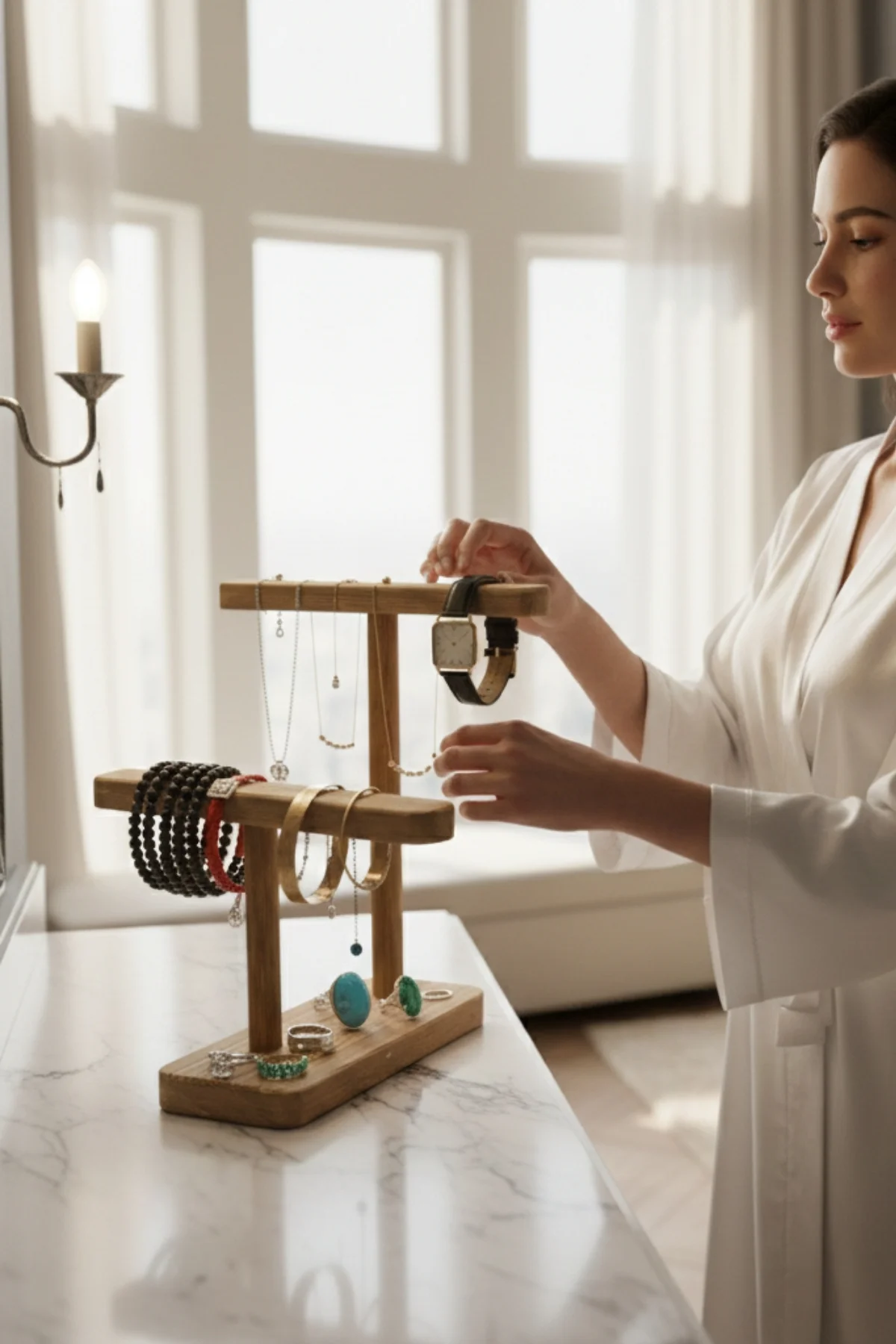 Çift Kollu Yüksek Takı Standı, Kolye Saat Bilezik Yüzük Organizer