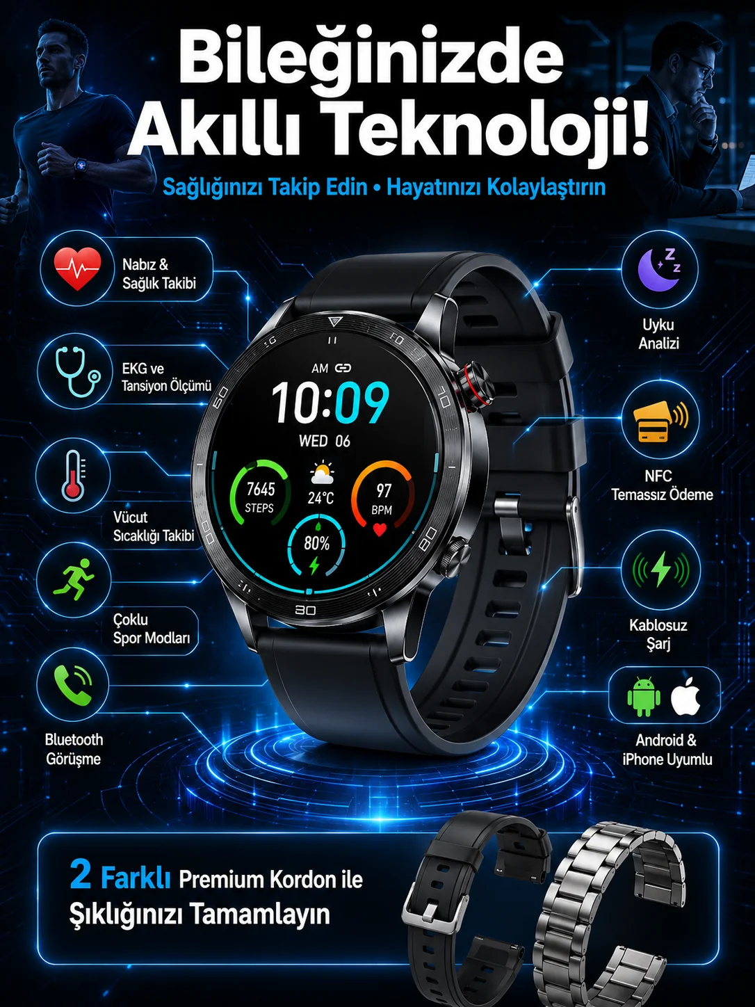 Çift Kordonlu Yüksek Çözünürlüklü Akıllı Saat Uyku İzleyici & Spor Modları