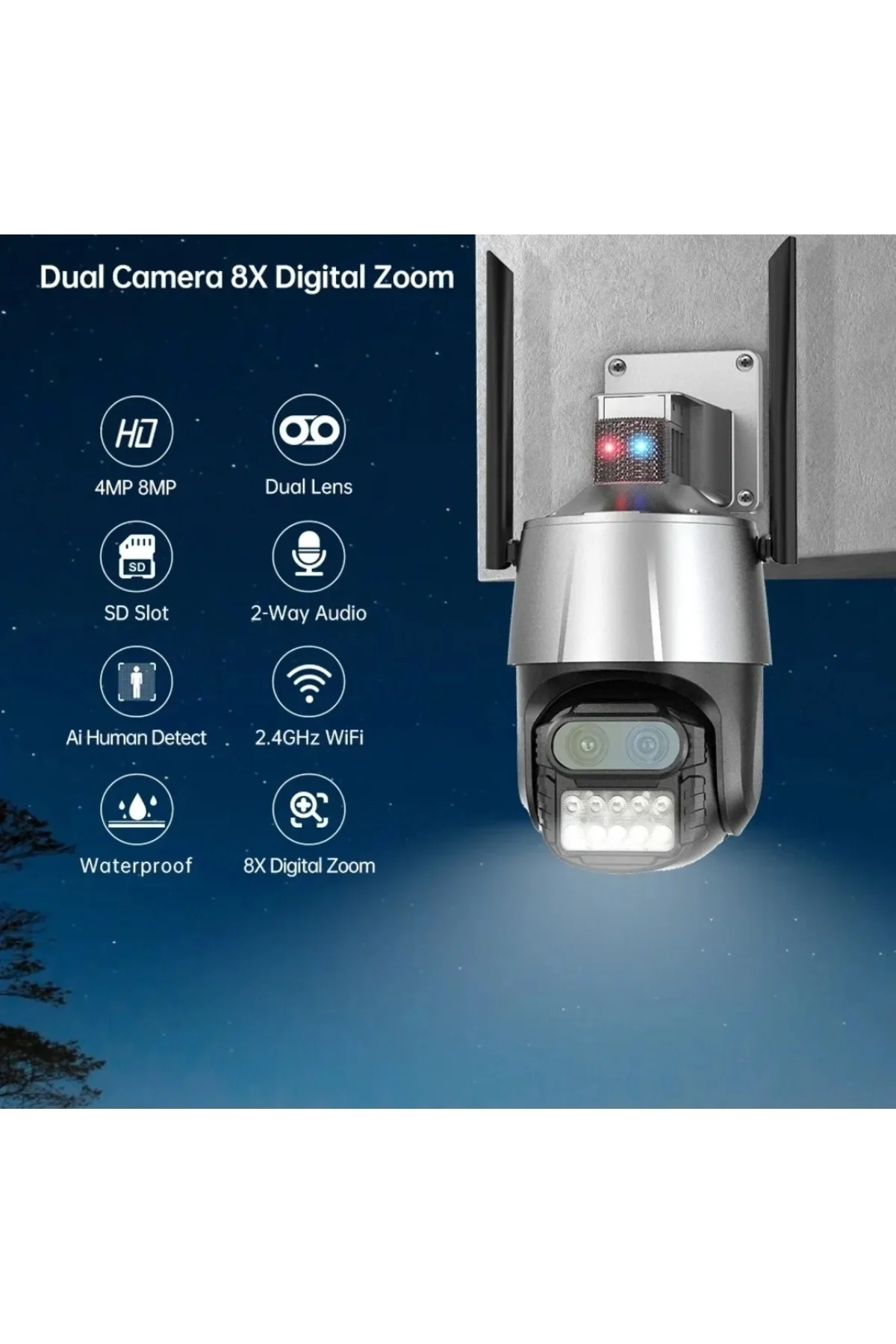 Çift lensli 8X zoom 4MP 4K Ultra HD hareketli gece görüşlü dış mekan WiFi IP kamera 2 yıl garantili