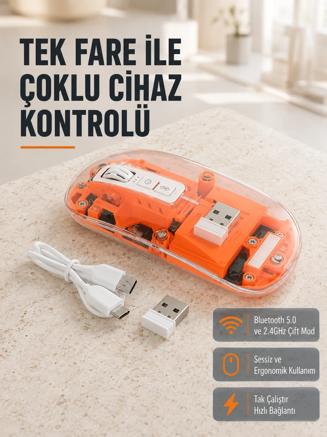 Çift Modlu Kablosuz Bluetooth 5.0 + 2.4GHz Mouse – 3 Cihaz Bağlantılı, Hızlı Geçiş Düğmeli