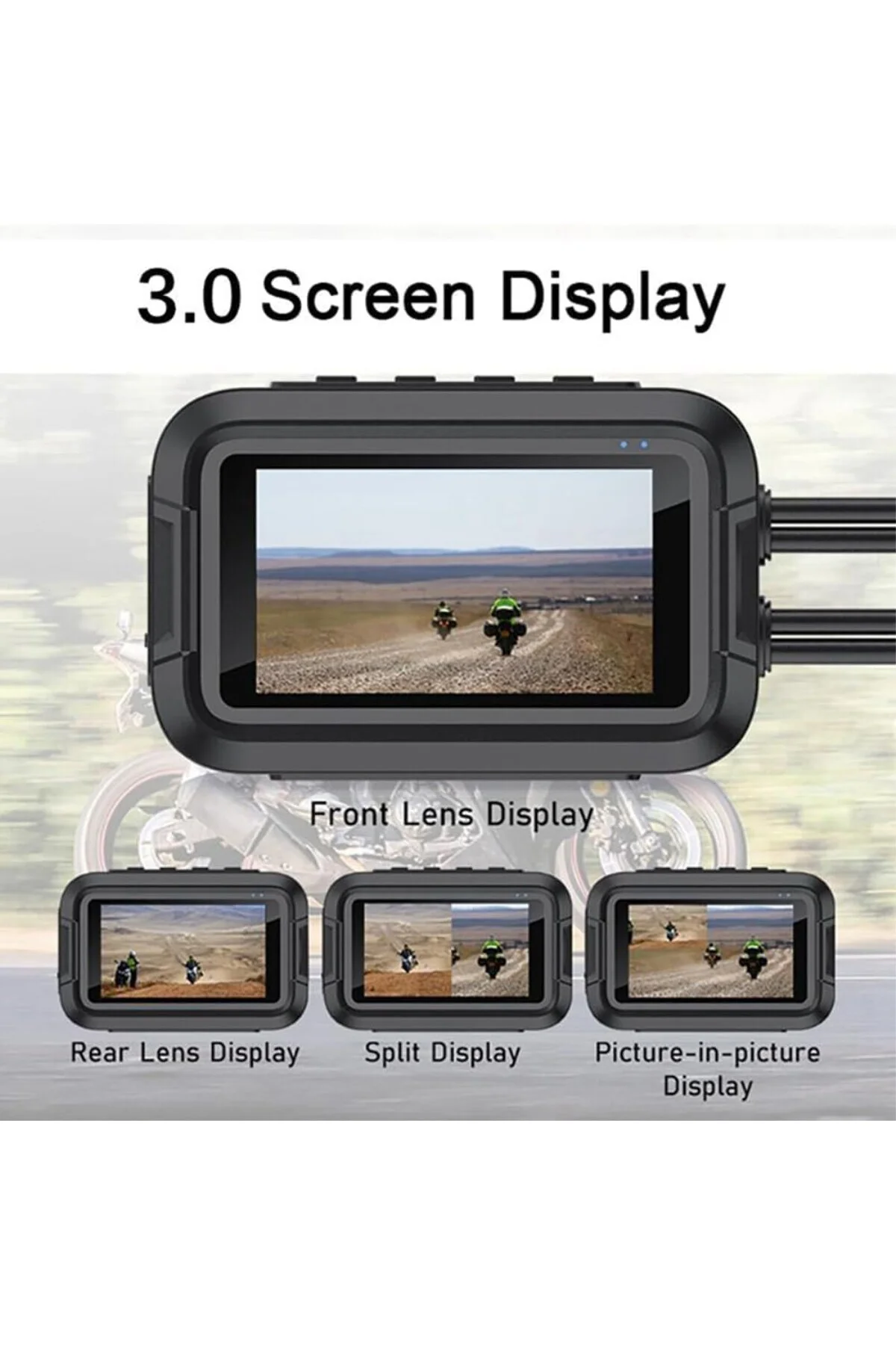 Çift Ön–Arka Motosiklet Kamerası – Full HD 1080P, 150° Geniş Açı Lens, 3.0” I