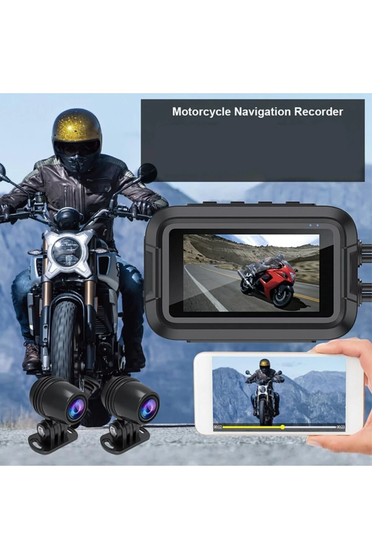 Çift Ön–Arka Motosiklet Kamerası – Full HD 1080P, 150° Geniş Açı Lens, 3.0” I