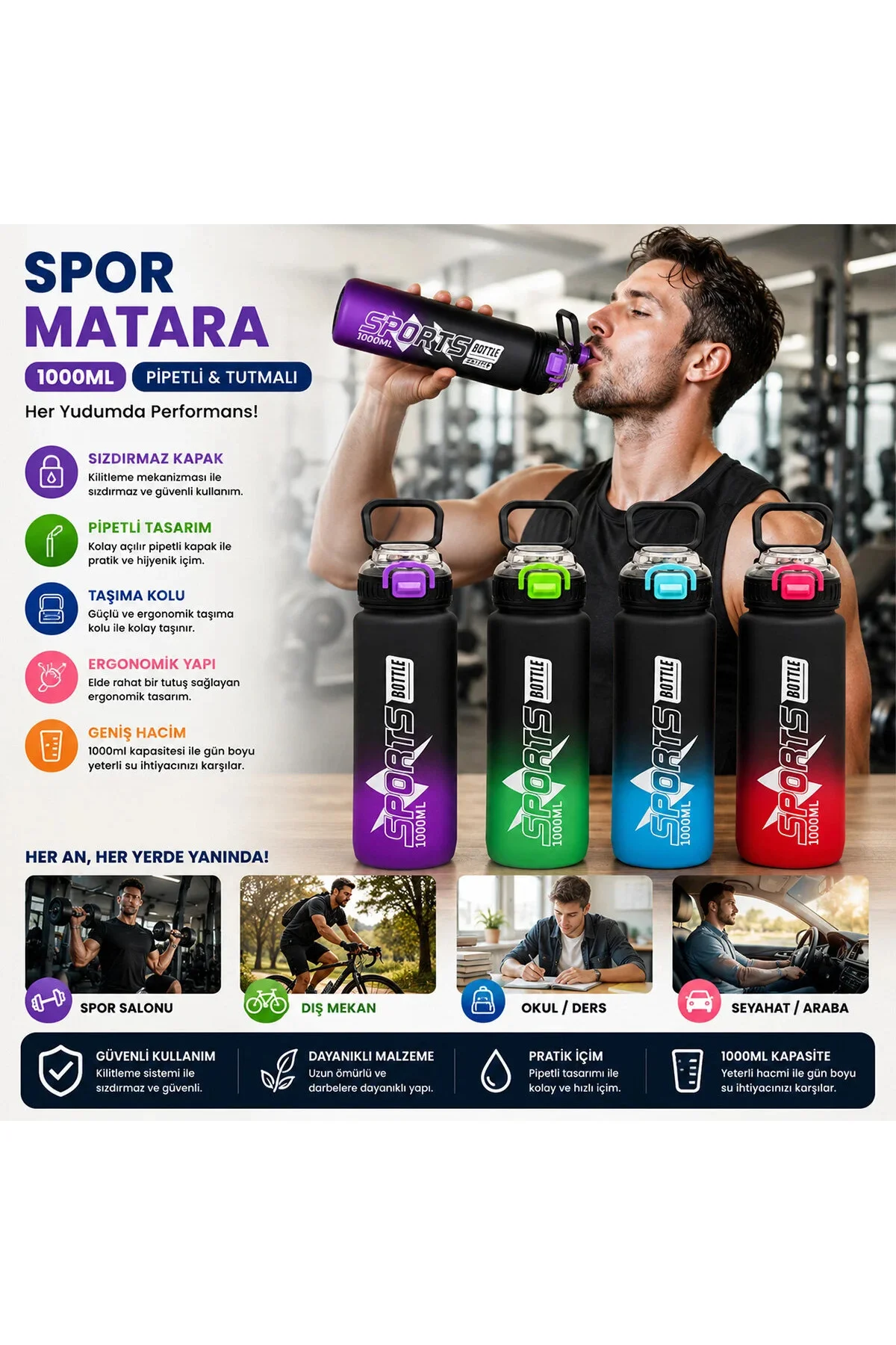 Çift Renkli Tutmalı Plastik Pipetli Spor Matara Suluk 1000ML Herhangi Bir Renk Gönderilir
