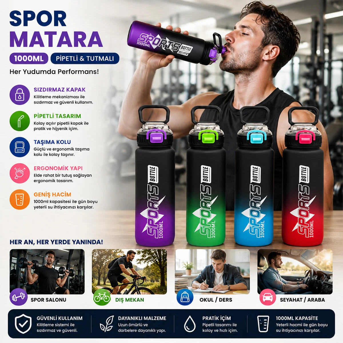 Çift Renkli Tutmalı Plastik Pipetli Spor Matara Suluk 1000ML Herhangi Bir Renk Gönderilir Fiyatı, Yorumları ve Özellikleri