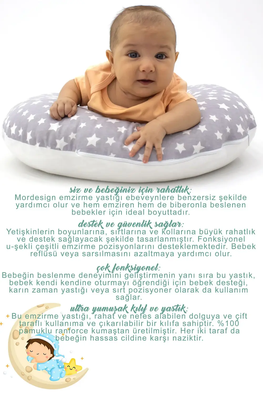 Mordesign Çift Taraflı Emzirme Yastığı /Bebek Destek Minderi, Hamile Yastığ