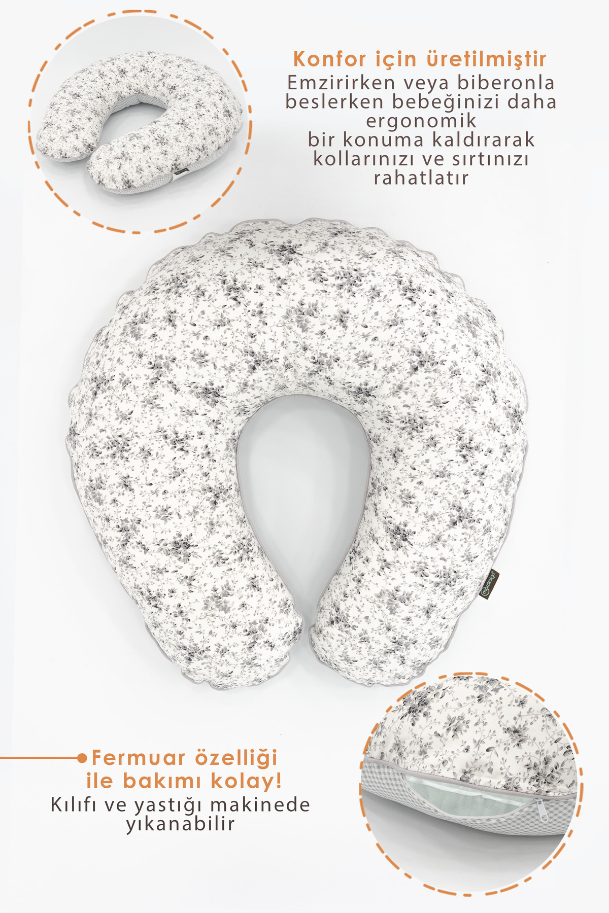 Mordesign Çift Taraflı Emzirme Yastığı /Bebek Destek Minderi, Hamile Yastığ