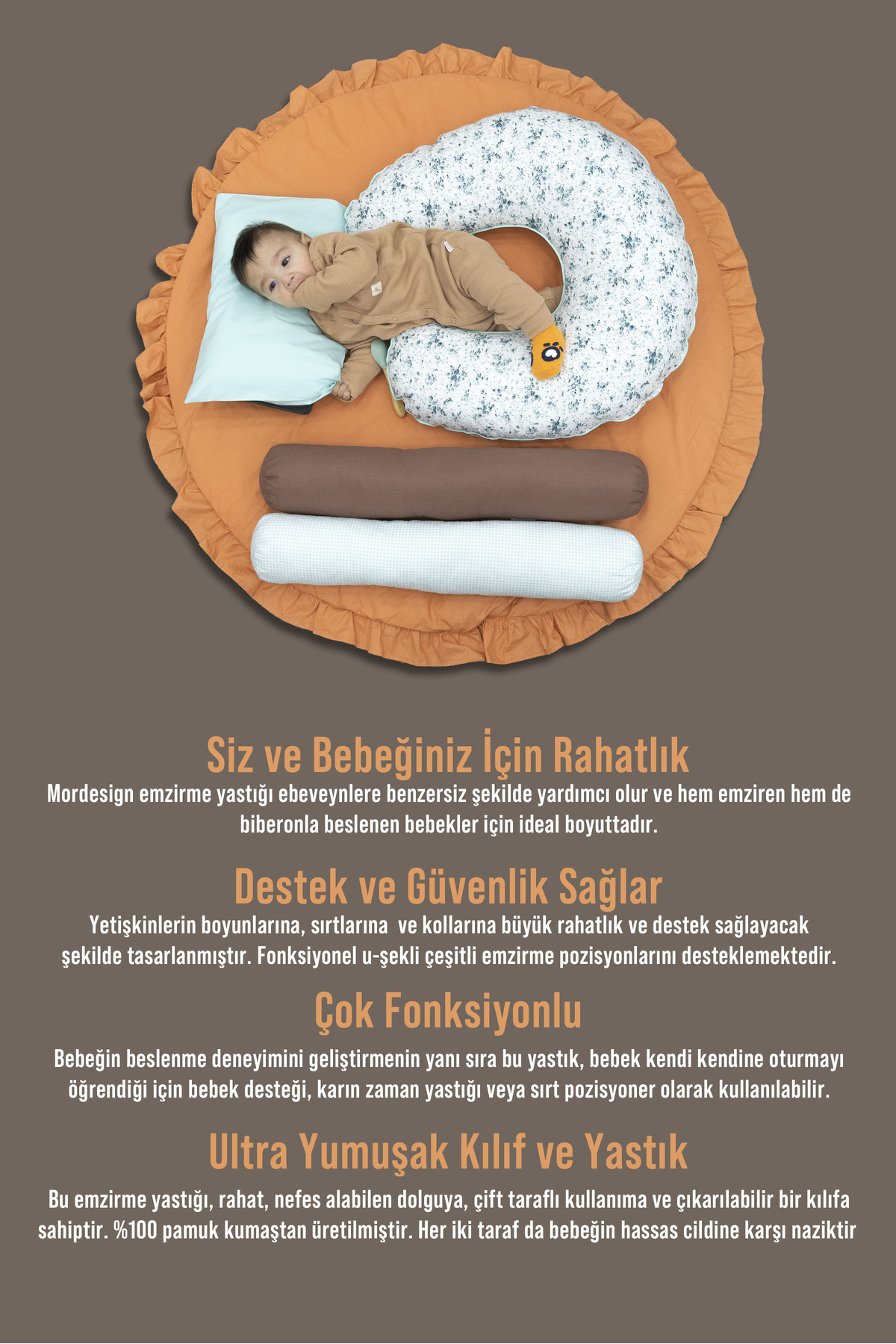 Mordesign Çift Taraflı Emzirme Yastığı Bebek Destek Minderi Hamile Yastığı