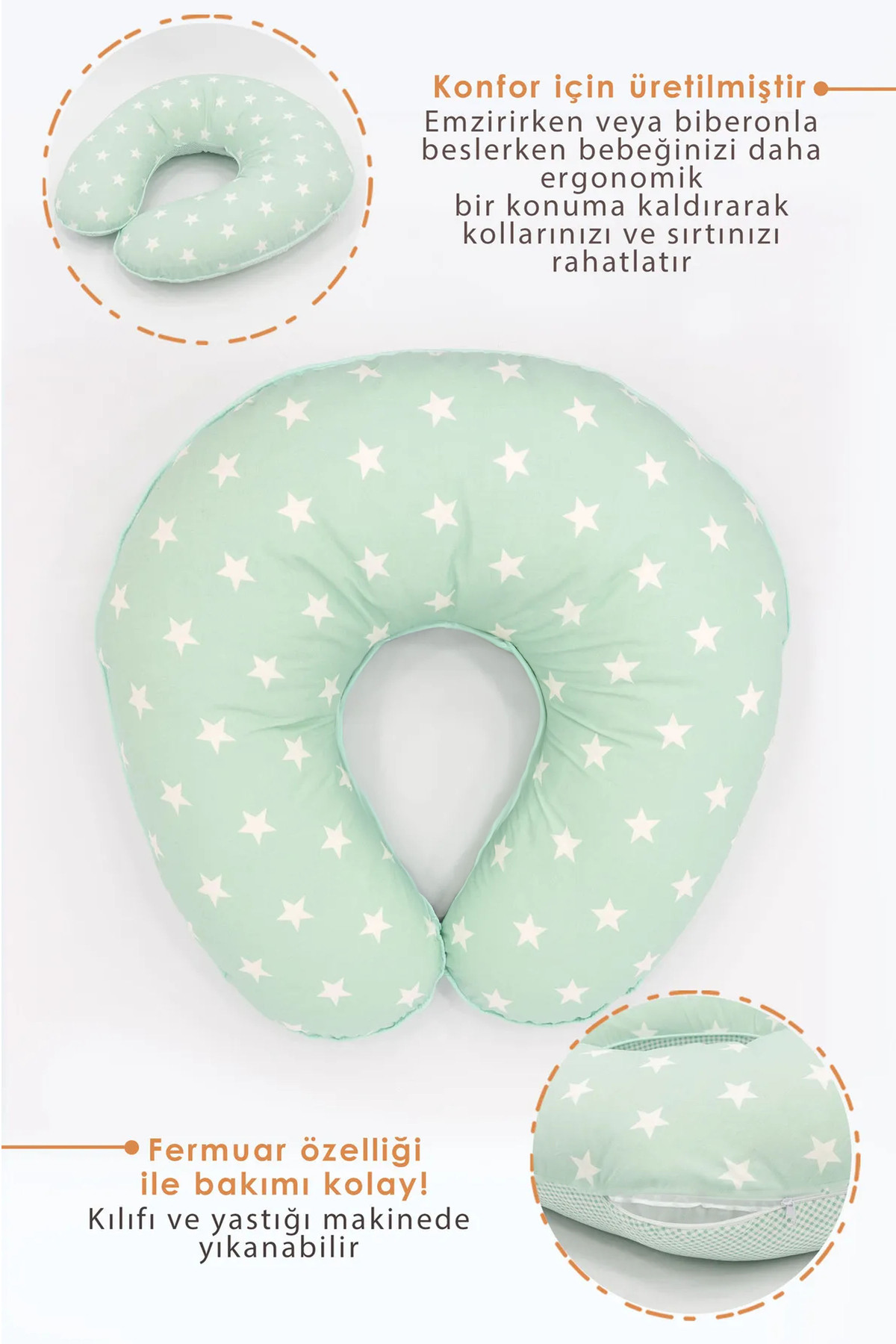 Mordesign Çift Taraflı Emzirme Yastığı Bebek Destek Minderi Hamile Yastığı