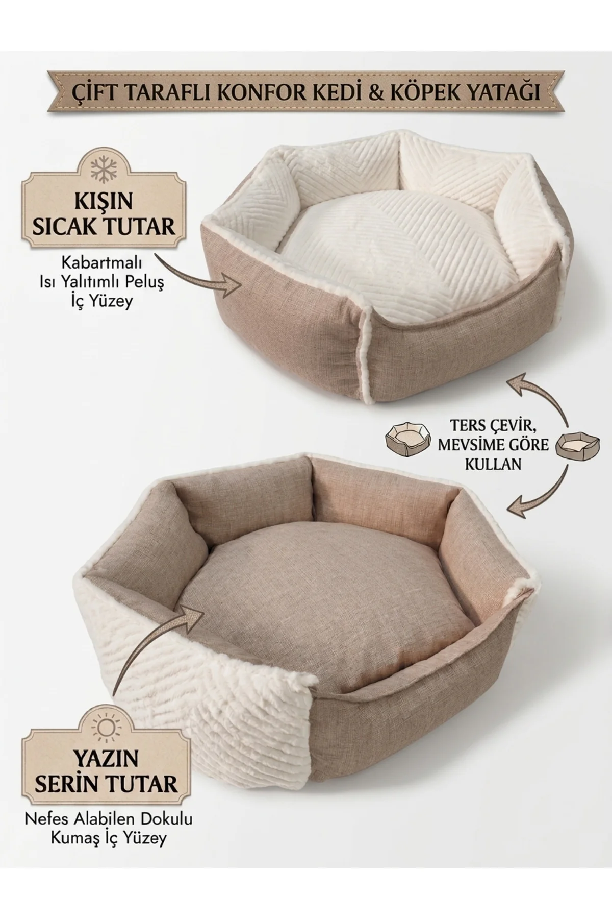 Çift Taraflı Kedi Yatağı Köpek Yatağı 55x60 cm Kışlık Pofidik Pel