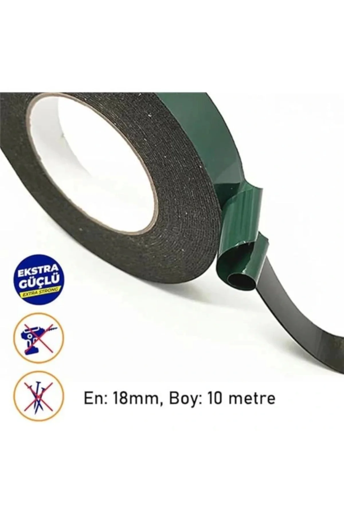 Çift Taraflı Köpük Bant Eva Montaj Bandı 18 mm x 10 Metre, Yeşil/Siyah