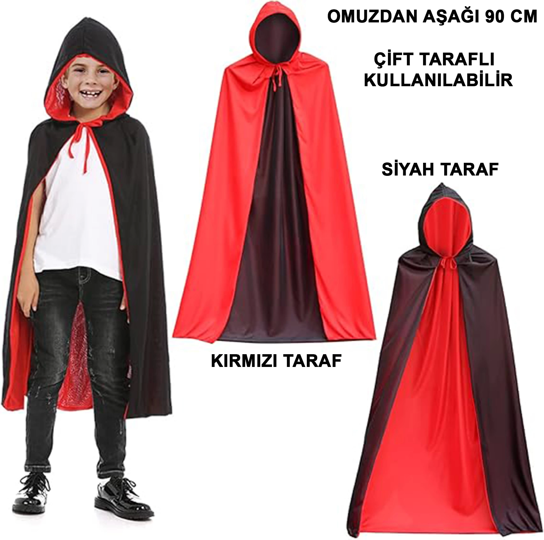 Çift Taraflı Kullanılabilir Siyah Kırmızı Yakalı Pelerin 90 Cm Ço Çift Taraflı Kullanılabilir Siyah Kırmızı Yakalı Pelerin 90 Cm Ço