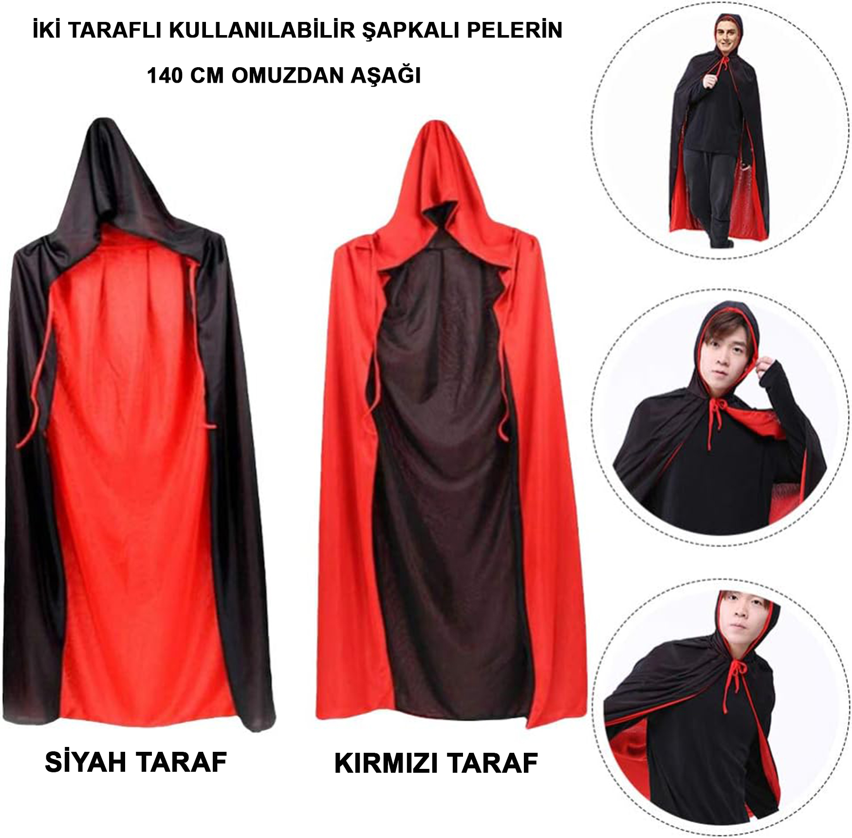 Çift Taraflı Kullanılabilir Siyah Kırmızı Kapişonlu Pelerin 140 c