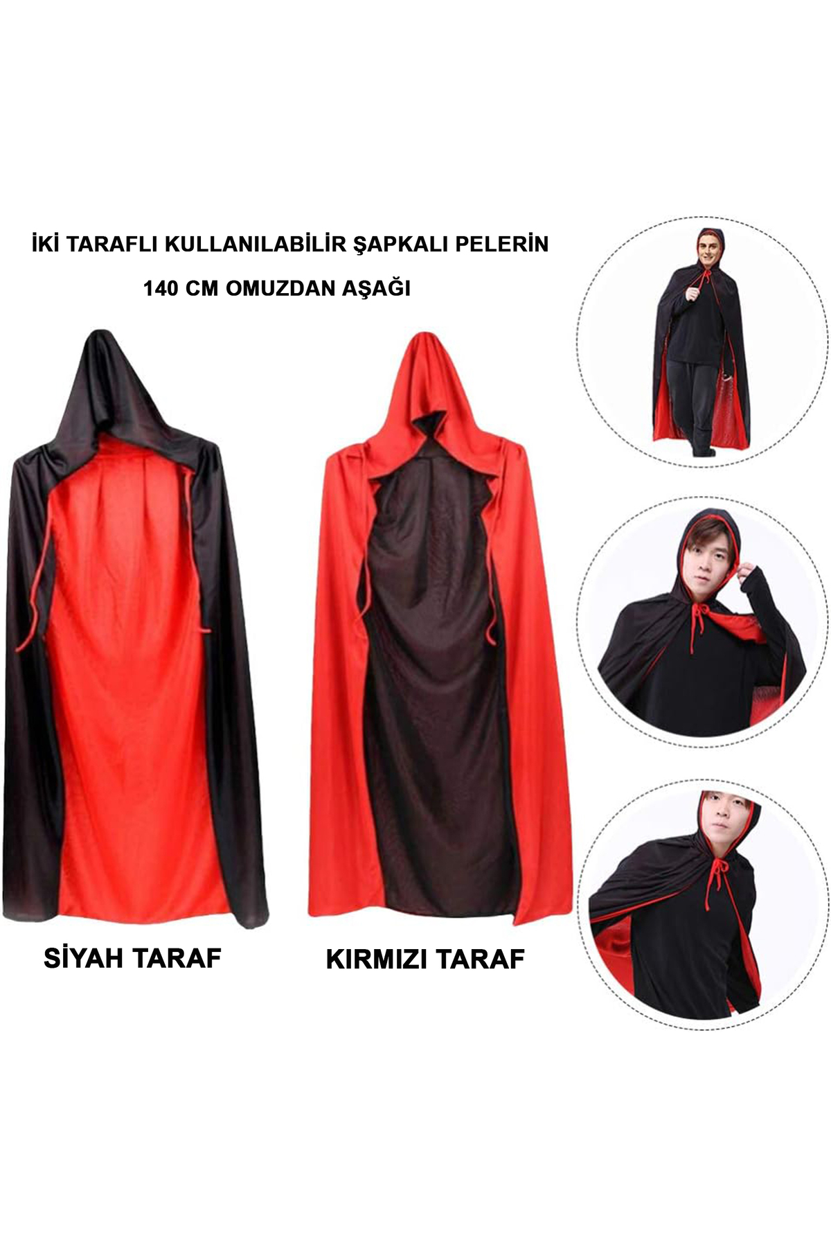 Astra Market Çift Taraflı Kullanılabilir Siyah Kırmızı Kapişonlu Pelerin 140 C