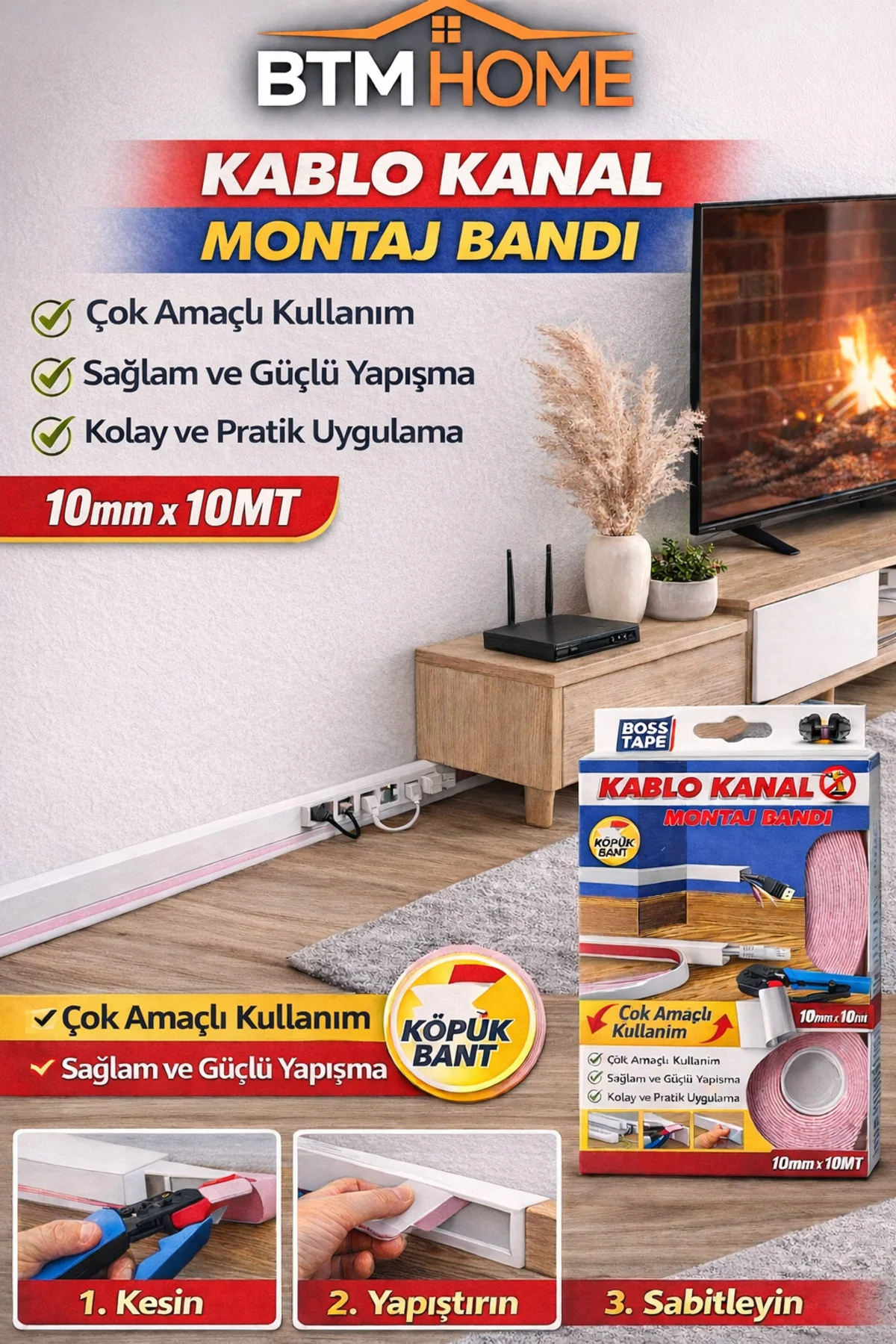 Çift Taraflı Montaj Bandı Kablo Kanal Bandı Güçlü Yapışkan Duvar Çift Taraflı Montaj Bandı Kablo Kanal Bandı Güçlü Yapışkan Duvar