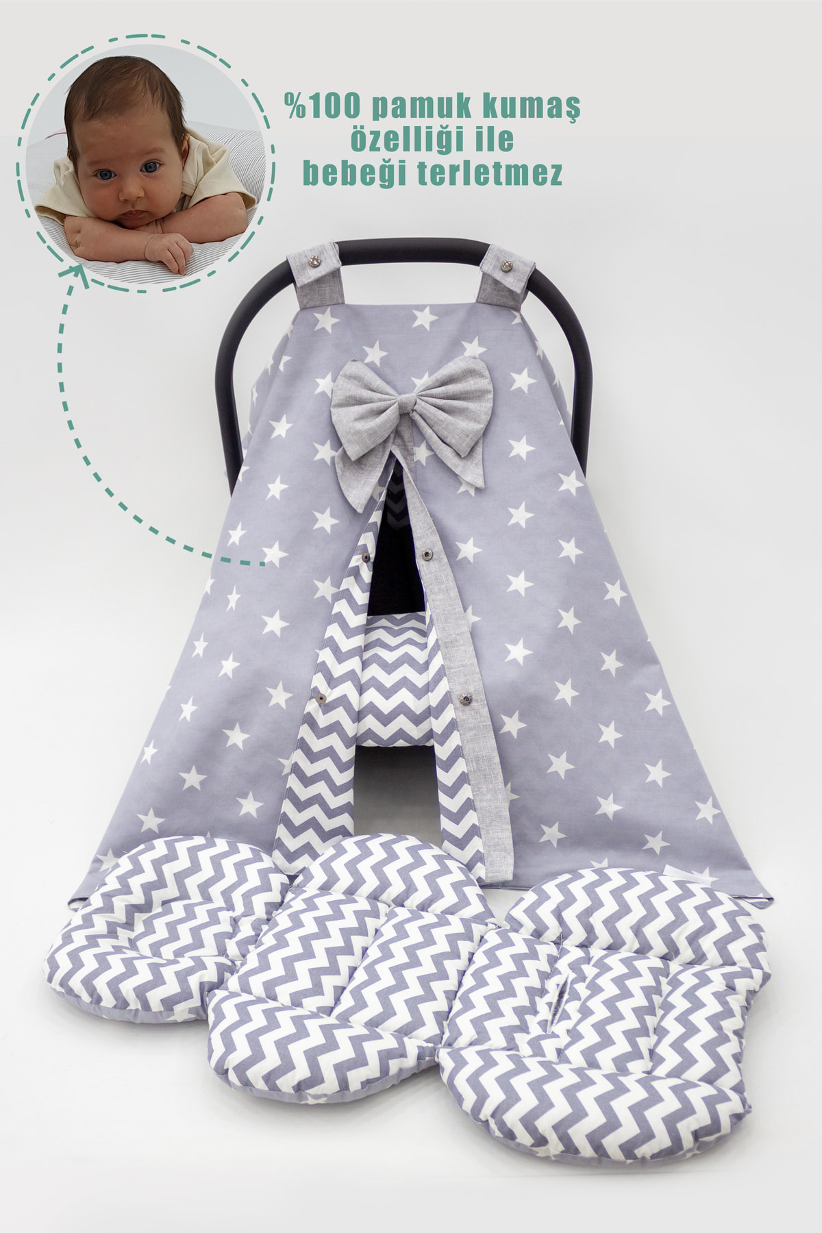 Mordesign Çift Taraflı Ortopedik Puset Minderi, Örtü Ve Çarşaf 3' Lü Set, A