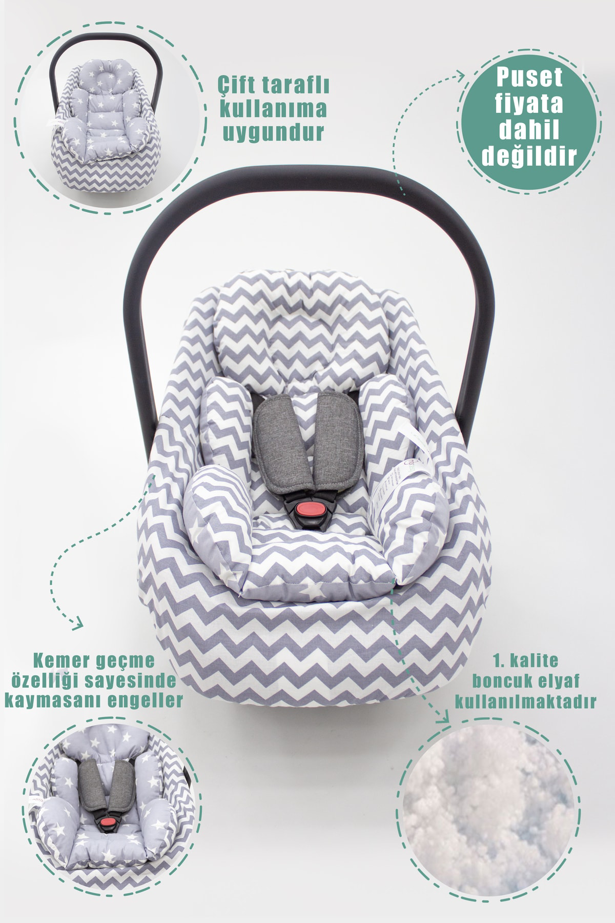 Mordesign Çift Taraflı Ortopedik Puset Minderi, Örtü Ve Çarşaf 3' Lü Set, A