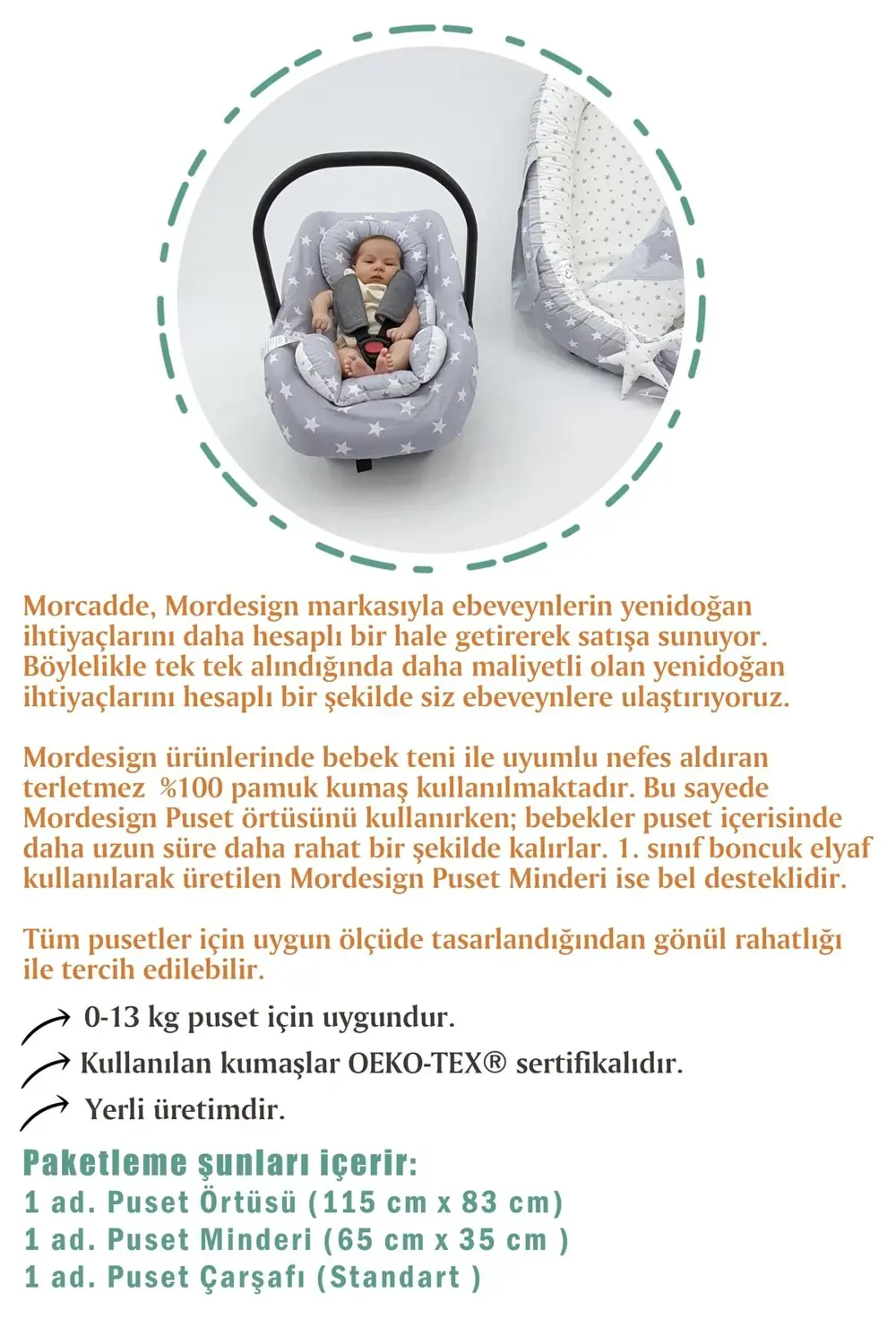 Mordesign Çift Taraflı Ortopedik Puset Minderi, Örtü Ve Çarşaf 3' Lü Set, A