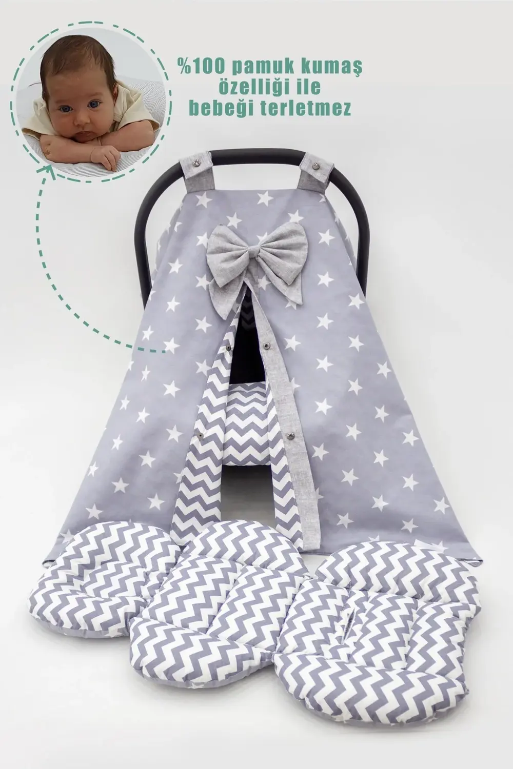 Mordesign Çift Taraflı Ortopedik Puset Minderi, Örtü Ve Çarşaf 3' Lü Set, A