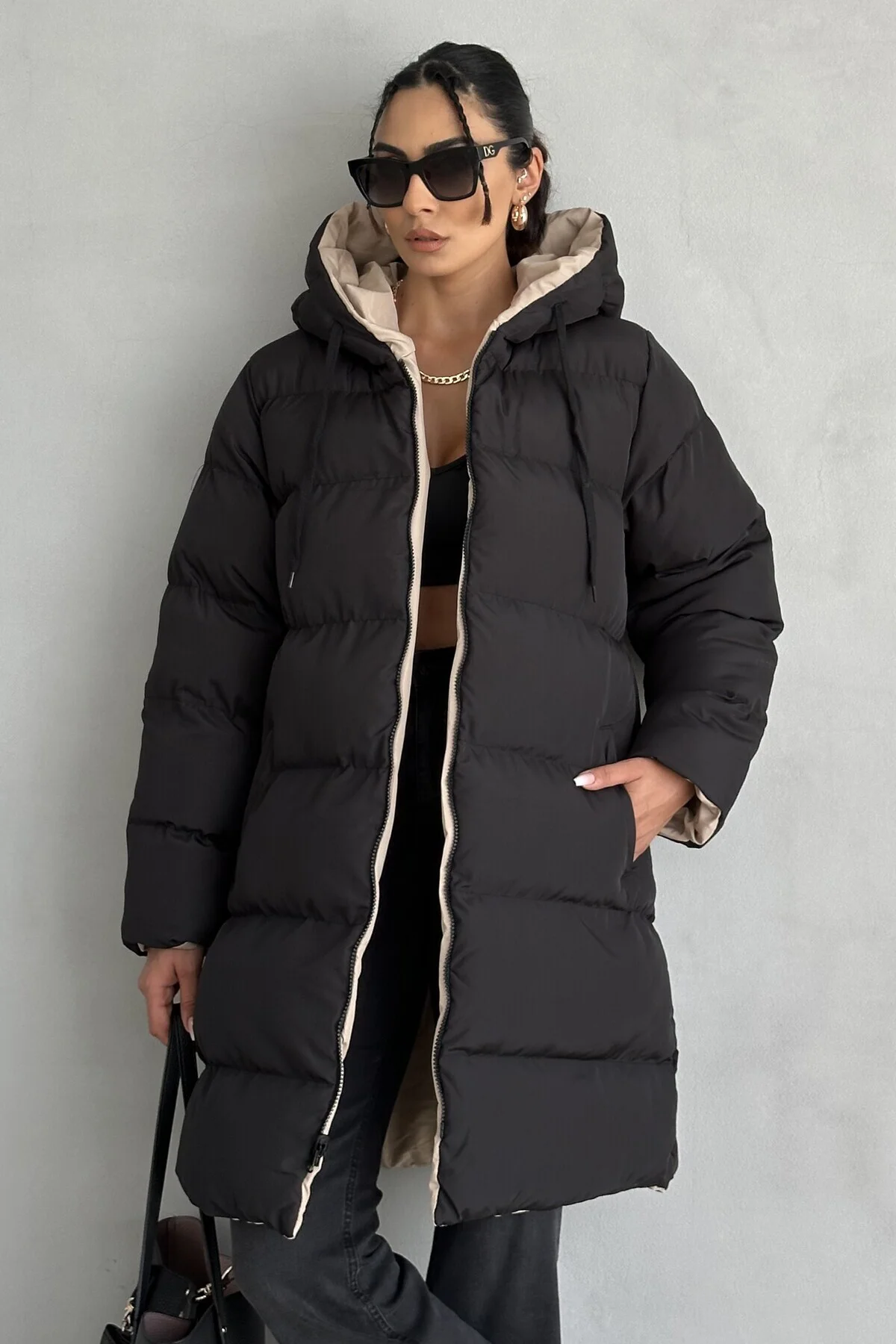 Çift Taraflı Oversize Kadın Şişme Mont – Kapüşonlu Regular Fit, S