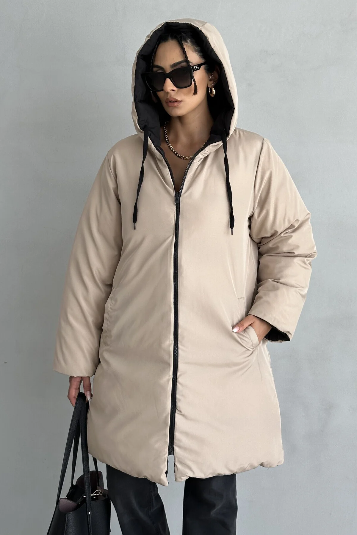 Çift Taraflı Oversize Kadın Şişme Mont – Kapüşonlu Regular Fit, S