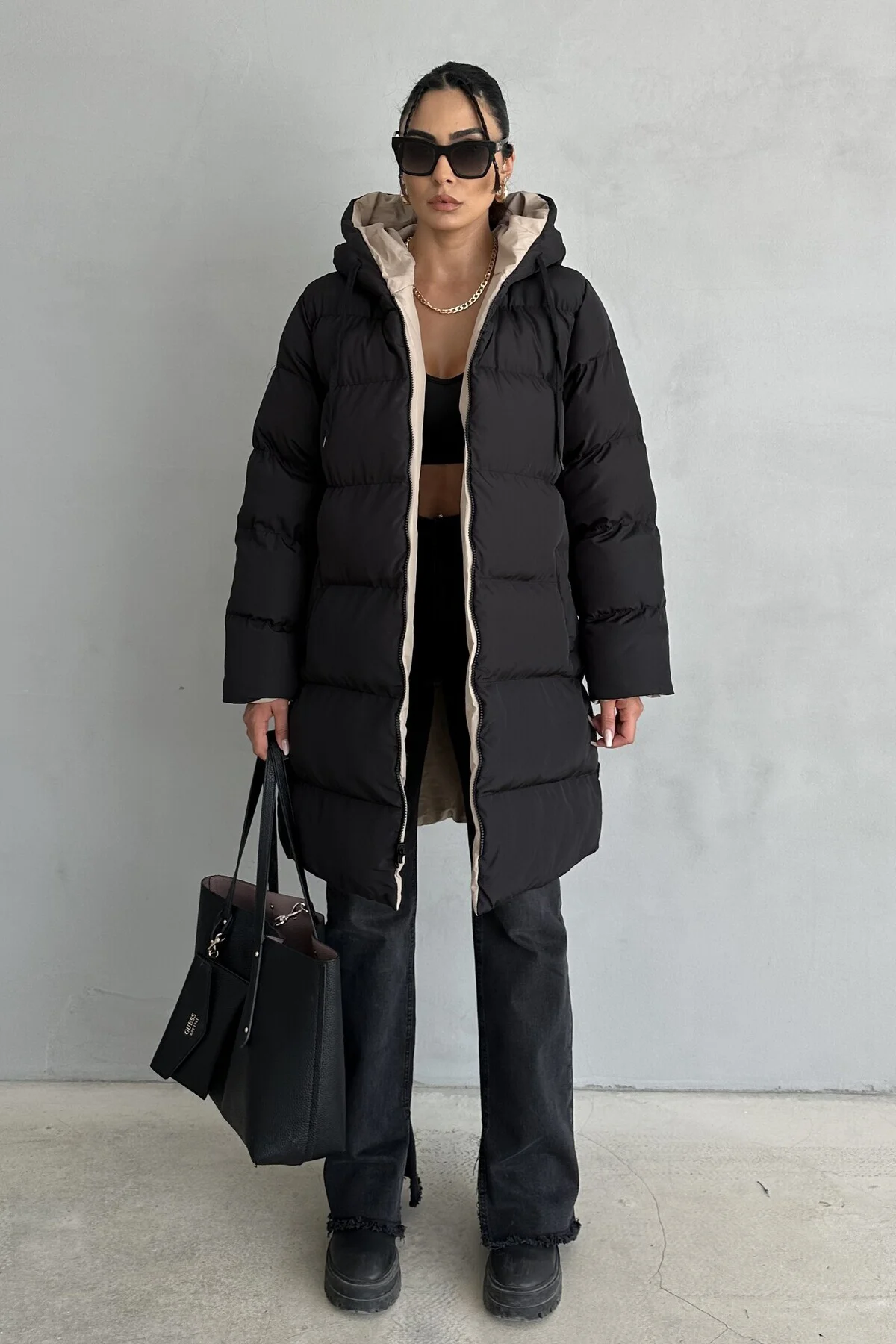 Çift Taraflı Oversize Kadın Şişme Mont – Kapüşonlu Regular Fit, S
