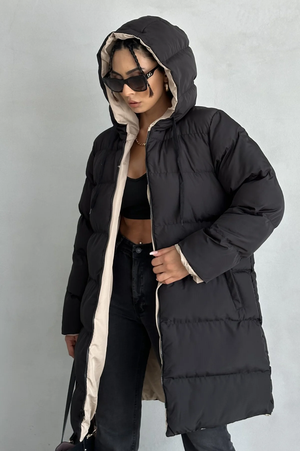 Çift Taraflı Oversize Kadın Şişme Mont – Kapüşonlu Regular Fit, S
